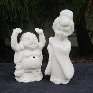 Vintage Benihana Of Tokyo Tiki Mug Set Happy Buddha Geisha Girl White